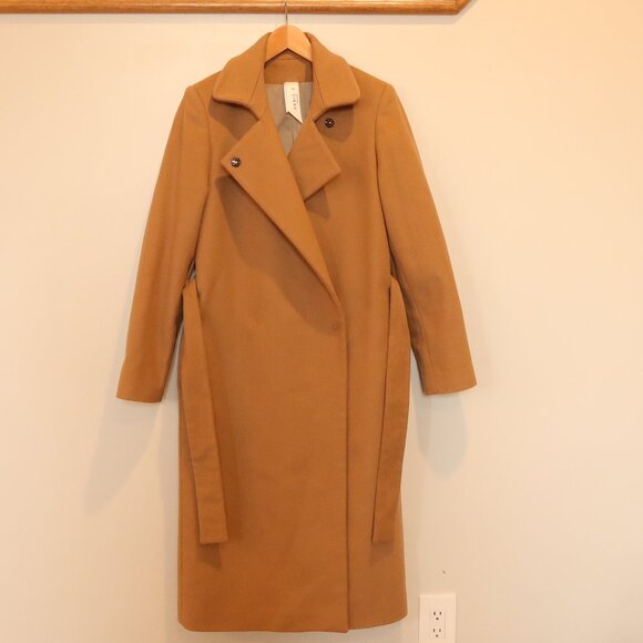 ANNIE P wool cashmere peacoat long beige winter warm belt classic chic XS office - Picture 2 of 11